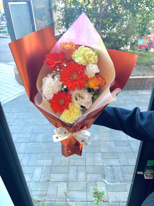 【生花】カラードおまかせ花束（ブーケ）S　＜オレンジ系＞