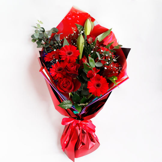 【生花】カラードおまかせ花束（ブーケ）L　＜レッド系＞