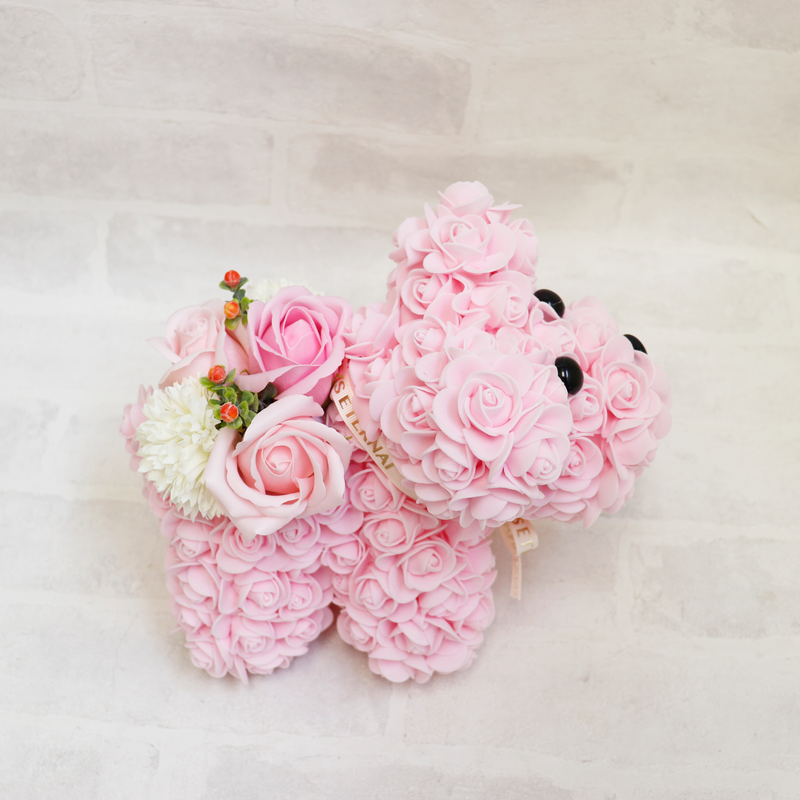 sweet puppy with flowers pink