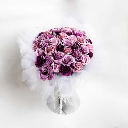 【観賞用ソープフラワー:rafulu】50輪スタンディングブーケ　ラベンダーローズ