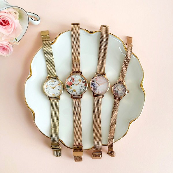 OLIVIA BURTON】ウォーターカラーフローラル - ローズゴールドメッシュ