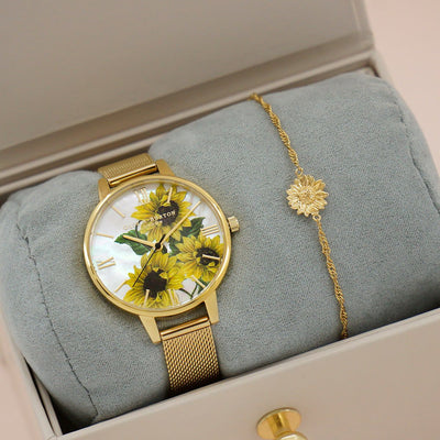 【OLIVIA BURTON】Demi Sunflower White MOP Gold Romans Gold Mesh with Sunflower Bracelet